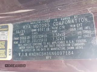 2022 Kia Carnival EX with VIN KNDNC5H36N6097184, listed as a IAAI auction lot 41024289 with 58,722 mi miles and . Bid and sale history available at DreamBid. Image 9.