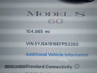 2014 Tesla Model S 60 with VIN 5YJSA1S16EFP53350, listed as a IAAI auction lot 42239753 with 104,985 mi miles and . Bid and sale history available at DreamBid. Image 15.