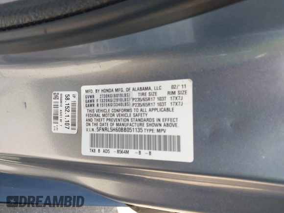 2011 Honda Odyssey EX-L with VIN 5FNRL5H60BB051135, listed as a IAAI auction lot 42588994 with 195,112 mi miles and . Bid and sale history available at DreamBid. Image 9.