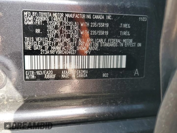 2024 Toyota RAV4 XLE Premium with VIN 2T3A1RFV9RC404627, listed as a Copart auction lot 46547265 with 19,214 mi miles and Salvage Title. Bid and sale history available at carsss.com. Image 13.