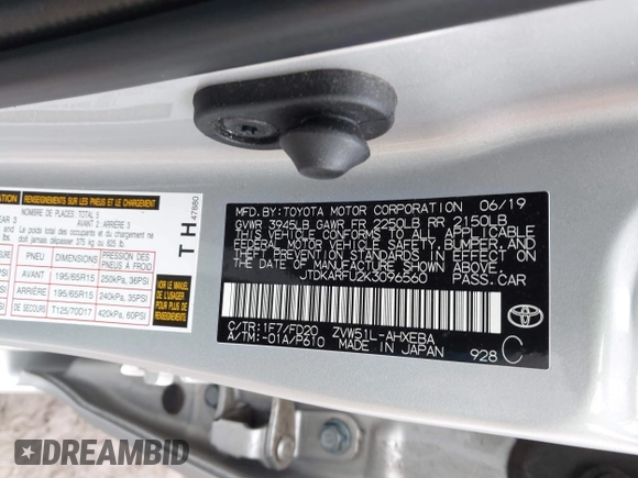 2019 Toyota Prius L Eco z VIN JTDKARFU2K3096560, wystawiony jako IAAI lot #42322950 z przebiegiem 20 866 mil mil oraz . Historia ofert i sprzedaży dostępna na DreamBid. Obrazek 9.