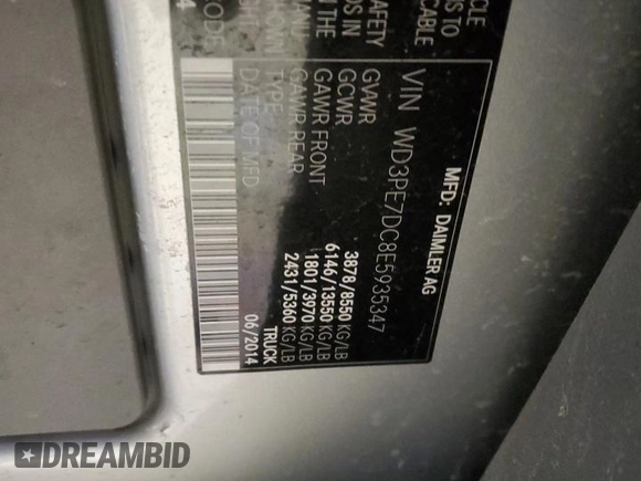 2014 Mercedes-Benz Sprinter with VIN WD3PE7DC8E5935347, listed as a Copart auction lot 88252445 with 187,828 mi miles and Salvage Title. Bid and sale history available at DreamBid. Image 13.