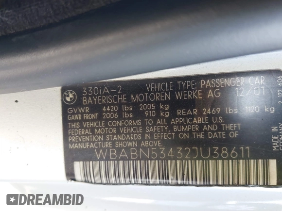 2002 BMW 3 Series 330Ci with VIN WBABN53432JU38611, listed as a IAAI auction lot 41577630 with 166,771 mi miles and . Bid and sale history available at carsss.com. Image 9.