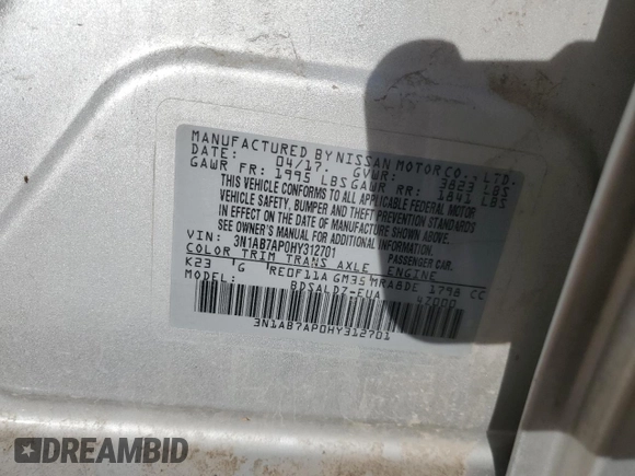 2017 Nissan Sentra S with VIN 3N1AB7AP0HY312701, listed as a Copart auction lot 83956614 with 189,954 mi miles and Salvage Title. Bid and sale history available at DreamBid. Image 12.