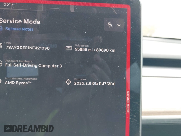 2022 Tesla Model Y Long Range with VIN 7SAYGDEE1NF421098, listed as a IAAI auction lot 42177555 with 55,855 mi miles and . Bid and sale history available at carsss.com. Image 16.