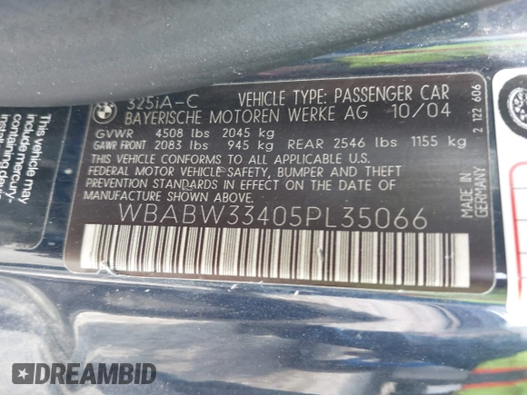 2005 BMW 3 Series 325Ci with VIN WBABW33405PL35066, listed as a IAAI auction lot 40118380 with 245,479 mi miles and . Bid and sale history available at carsss.com. Image 9.