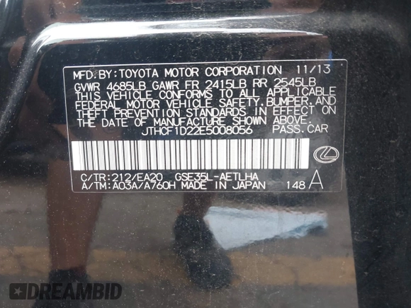 2014 Lexus IS 250 with VIN JTHCF1D22E5008056, listed as a IAAI auction lot 42118442 with 134,365 mi miles and . Bid and sale history available at DreamBid. Image 9.