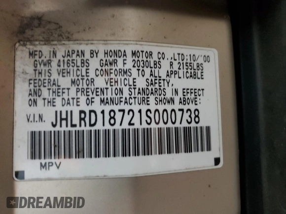 2001 Honda CR-V SE z VIN JHLRD18721S000738, wystawiony jako Copart lot #56387385 z przebiegiem 214 711 mil mil oraz Szkoda całkowita • Salvage title. Historia ofert i sprzedaży dostępna na DreamBid. Obrazek 14.