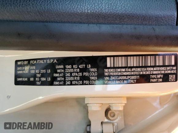 2018 Jeep Renegade Latitude with VIN ZACCJABB6JPG90511, listed as a Copart auction lot 52104325 with 61,986 mi miles and Salvage Title. Bid and sale history available at carsss.com. Image 14.