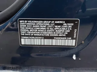2020 Volkswagen Passat 2.0T R-Line with VIN 1VWMA7A39LC024412, listed as a IAAI auction lot 41508562 with 51,835 mi miles. Bid and sale history available at carsss.com. Image 9.