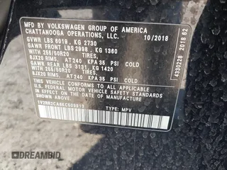 2019 Volkswagen Atlas SEL R-Line z VIN 1V2RR2CA6KC509913, wystawiony jako IAAI lot #41410198 z przebiegiem 97 681 mil mil oraz . Historia ofert i sprzedaży dostępna na DreamBid. Obrazek 9.