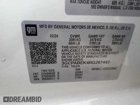 2024 Chevrolet Silverado 1500 Custom with VIN 3GCPABEK4RG267443, listed as a Copart auction lot 87958345 with Not Provided miles and Salvage Title. Bid and sale history available at DreamBid. Image 12.