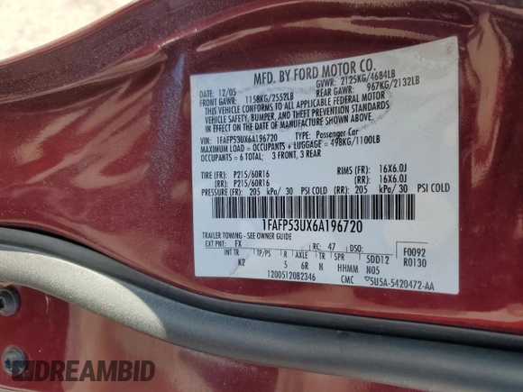 2006 Ford Taurus SE с VIN 1FAFP53UX6A196720, выставлен на аукционе Copart как лот 46955445 с пробегом 162 045 миль миль и Списание • Salvage title. История ставок и продаж доступна на DreamBid. Изображение 12.
