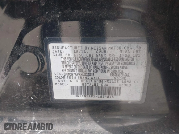 2017 Nissan Versa SV z VIN 3N1CN7APXHL834815, wystawiony jako IAAI lot #42432514 z przebiegiem 115 981 mil mil oraz . Historia ofert i sprzedaży dostępna na DreamBid. Obrazek 9.