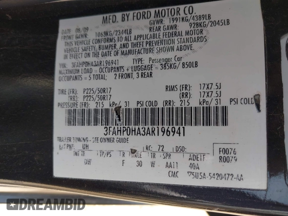 2010 Ford Fusion SE with VIN 3FAHP0HA3AR196941, listed as a IAAI auction lot 41865854 with 230,096 mi miles. Bid and sale history available at carsss.com. Image 9.