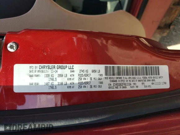 2015 Dodge Grand Caravan SE with VIN 2C4RDGBG2FR613184, listed as a Copart auction lot 67111284 with 249,959 mi miles and Salvage Title. Bid and sale history available at DreamBid. Image 13.