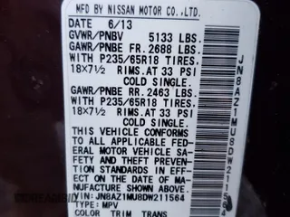 2013 Nissan Murano SV z VIN JN8AZ1MU8DW211564, wystawiony jako Copart lot #87284164 z przebiegiem Nie podano mil oraz Czysty tytuł • Clean title. Historia ofert i sprzedaży dostępna na DreamBid. Obrazek 12.
