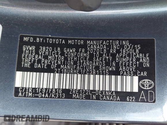2015 Toyota Corolla L with VIN 2T1BURHE1FC381115, listed as a IAAI auction lot 42088980 with 203,493 mi miles and . Bid and sale history available at DreamBid. Image 9.