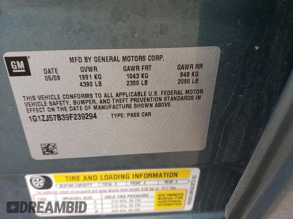 2009 Chevrolet Malibu 2LT with VIN 1G1ZJ57B39F239294, listed as a Copart auction lot 56938395 with 96,672 mi miles and Clean Title. Bid and sale history available at DreamBid. Image 12.