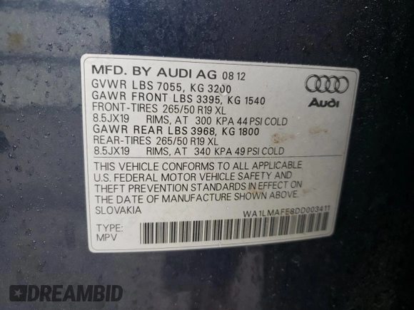 2013 Audi Q7 Premium Plus z VIN WA1LMAFE8DD003411, wystawiony jako Copart lot #58529165 z przebiegiem 203 140 mil mil oraz Czysty tytuł • Clean title. Historia ofert i sprzedaży dostępna na DreamBid. Obrazek 13.