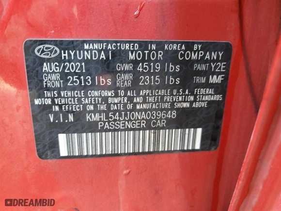 2022 Hyundai Sonata Hybrid Limited with VIN KMHL54JJ0NA039648, listed as a Copart auction lot 85372464 with 61,346 mi miles and Salvage Title. Bid and sale history available at carsss.com. Image 13.