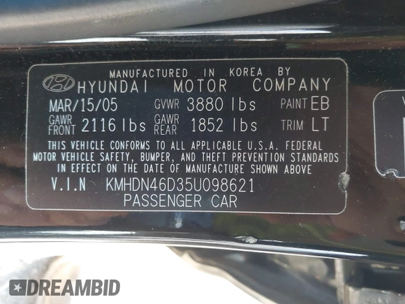 2005 Hyundai Elantra GLS с VIN KMHDN46D35U098621, выставлен на аукционе IAAI как лот 41878916 с пробегом 208 467 миль миль и . История ставок и продаж доступна на DreamBid. Изображение 9.