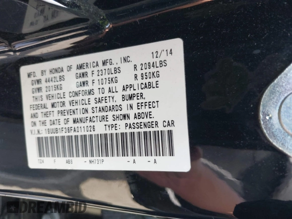 2015 Acura TLX with VIN 19UUB1F36FA011026, listed as a IAAI auction lot 41905909 with 106,519 mi miles and . Bid and sale history available at DreamBid. Image 9.