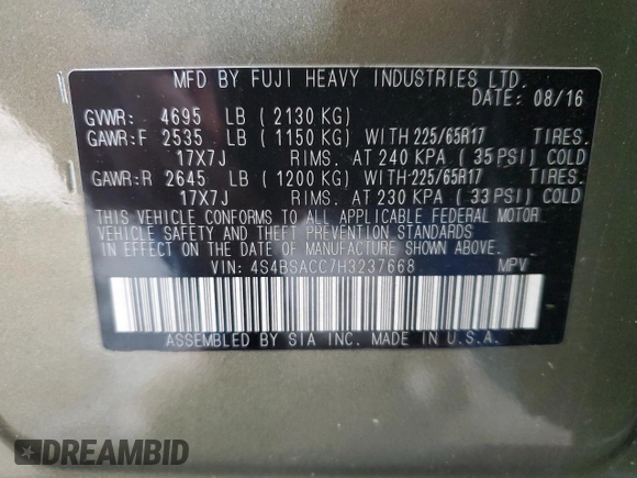 2017 Subaru Outback Premium with VIN 4S4BSACC7H3237668, listed as a Copart auction lot 59991495 with 169,564 mi miles and Salvage title. Bid and sale history available at DreamBid. Image 14.