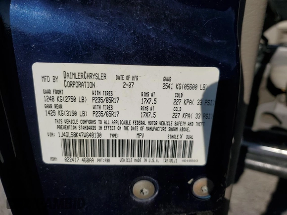 2007 Jeep Liberty Limited with VIN 1J4GL58K47W648130, listed as a Copart auction lot 48607455 with 167,853 mi miles and Salvage Title. Bid and sale history available at DreamBid. Image 15.
