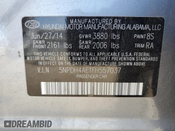 2015 Hyundai Elantra SE with VIN 5NPDH4AE1FH557037, listed as a Copart auction lot 53345894 with 118,029 mi miles and Non repairable. Bid and sale history available at DreamBid. Image 13.