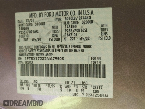 2002 Ford F-150 XL with VIN 1FTRX17232NA79508, listed as a IAAI auction lot 41870844 with 111,429 mi miles. Bid and sale history available at carsss.com. Image 9.