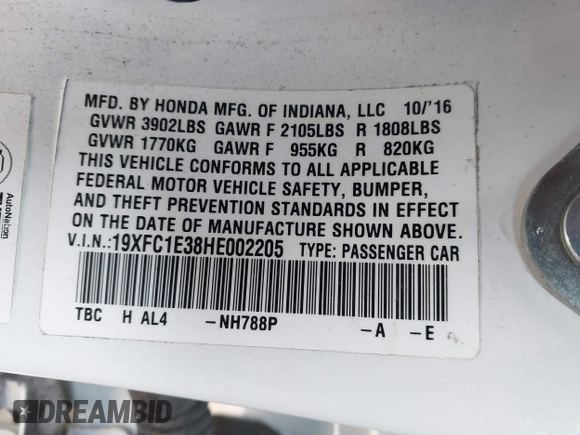 2017 Honda Civic EX-T with VIN 19XFC1E38HE002205, listed as a IAAI auction lot 40891678 with 10,398 mi miles and . Bid and sale history available at DreamBid. Image 9.
