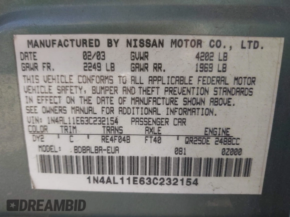 2003 Nissan Altima S with VIN 1N4AL11E63C232154, listed as a IAAI auction lot 41651258 with 235,455 mi miles. Bid and sale history available at carsss.com. Image 9.