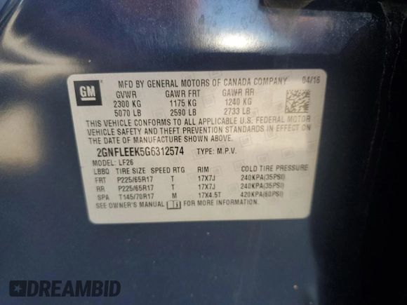 2016 Chevrolet Equinox LS with VIN 2GNFLEEK5G6312574, listed as a Copart auction lot 53605635 with 185,174 mi miles and Salvage Title. Bid and sale history available at DreamBid. Image 15.