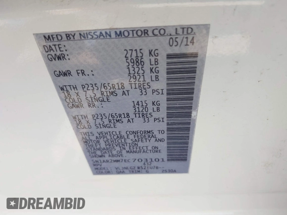 2014 Nissan Pathfinder SV with VIN 5N1AR2MM7EC703101, listed as a IAAI auction lot 42221242 with 178,237 mi miles and . Bid and sale history available at DreamBid. Image 9.