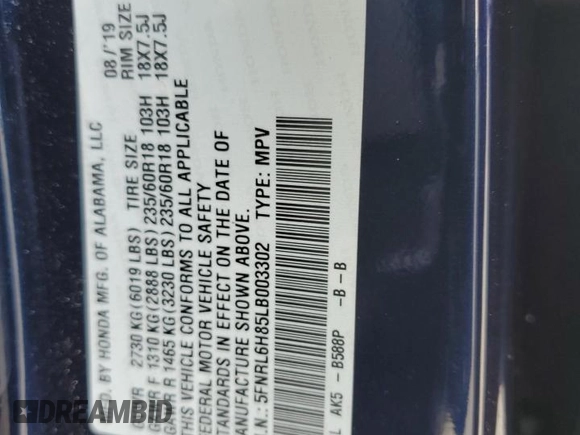 2020 Honda Odyssey Touring with VIN 5FNRL6H85LB003302, listed as a Copart auction lot 72709924 with 58,228 mi miles and Salvage Title. Bid and sale history available at DreamBid. Image 12.