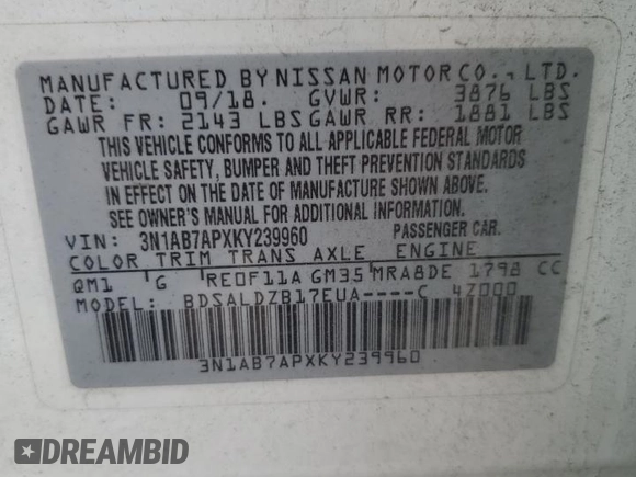 2019 Nissan Sentra SV with VIN 3N1AB7APXKY239960, listed as a Copart auction lot 76046004 with Not Provided miles and Clean Title. Bid and sale history available at carsss.com. Image 12.