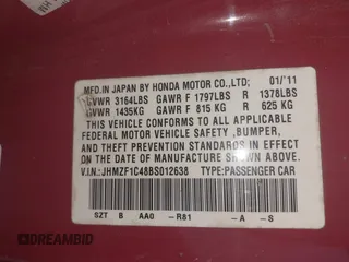 2011 Honda CR-Z with VIN JHMZF1C48BS012638, listed as a IAAI auction lot 41981015 with 141,363 mi miles and . Bid and sale history available at DreamBid. Image 9.