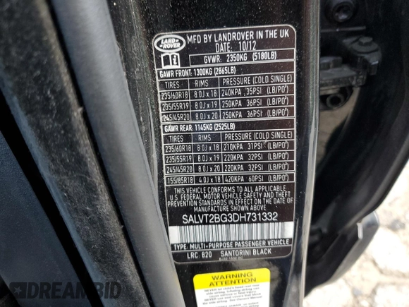 2013 Land Rover Range Rover Evoque Dynamic Premium with VIN SALVT2BG3DH731332, listed as a Copart auction lot 57669065 with 136,303 mi miles and Salvage title. Bid and sale history available at DreamBid. Image 14.