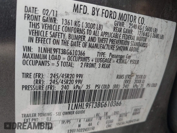 2011 Lincoln MKS EcoBoost with VIN 1LNHL9FT3BG610366, listed as a IAAI auction lot 42274043 with 196,811 mi miles and . Bid and sale history available at DreamBid. Image 9.