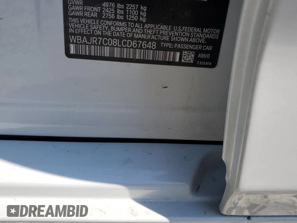 2020 BMW 5 Series 530i xDrive z VIN WBAJR7C08LCD67648, wystawiony jako Copart lot #51497075 z przebiegiem 64 346 mil mil oraz Szkoda całkowita • Salvage title. Historia ofert i sprzedaży dostępna na DreamBid. Obrazek 14.