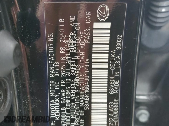 2018 Lexus ES with VIN 58ABK1GG4JU117834, listed as a Copart auction lot 85199014 with 0 mi miles and Salvage Title. Bid and sale history available at carsss.com. Image 13.