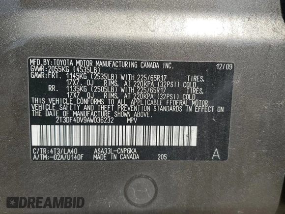 2010 Toyota RAV4 Limited with VIN 2T3DF4DV9AW036232, listed as a Copart auction lot 55261595 with 154,491 mi miles and Salvage title. Bid and sale history available at DreamBid. Image 13.