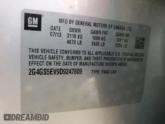 2013 Buick Regal Turbo Premium 1 with VIN 2G4GS5EV9D9247809, listed as a Copart auction lot 44277815 with 71,517 mi miles and Clean Title. Bid and sale history available at DreamBid. Image 12.