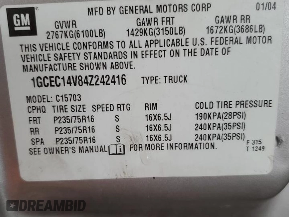 2004 Chevrolet Silverado 1500 LS with VIN 1GCEC14V84Z242416, listed as a Copart auction lot 87315594 with 126,355 mi miles and Salvage Title. Bid and sale history available at carsss.com. Image 12.