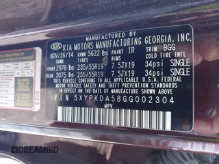 2016 Kia Sorento SX with VIN 5XYPKDA58GG002304, listed as a IAAI auction lot 41990332 with 132,025 mi miles. Bid and sale history available at carsss.com. Image 9.