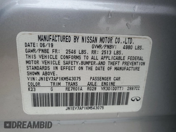 2019 Infiniti Q50 3.0t Signature Edition with VIN JN1EV7AP1KM543075, listed as a Copart auction lot 88492705 with 73,103 mi miles and Non Repairable. Bid and sale history available at carsss.com. Image 12.
