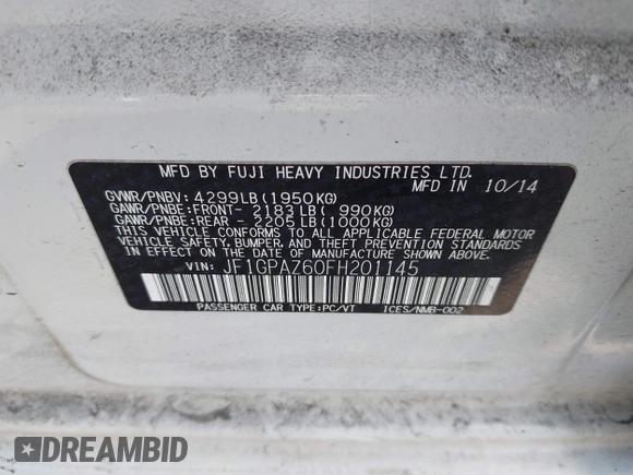 2015 Subaru Impreza Special Sports Limited с VIN JF1GPAZ60FH201145, выставлен на аукционе IAAI как лот 42204807 с пробегом 116 831 миль миль и . История ставок и продаж доступна на DreamBid. Изображение 9.