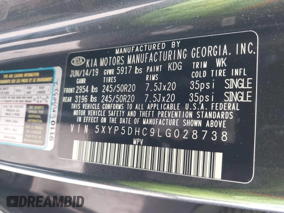 2020 Kia Telluride SX with VIN 5XYP5DHC9LG028738, listed as a IAAI auction lot 41577464 with 123,455 mi miles and . Bid and sale history available at DreamBid. Image 9.