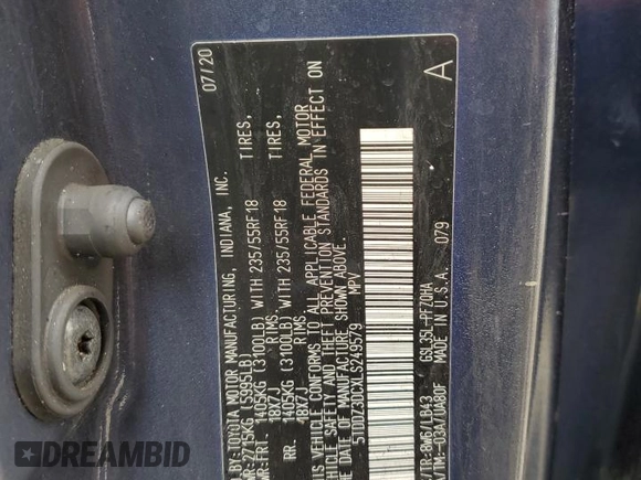 2020 Toyota Sienna XLE with VIN 5TDDZ3DCXLS249579, listed as a Copart auction lot 55288175 with Not provided miles and Non repairable. Bid and sale history available at DreamBid. Image 12.